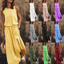 Summer Womens Round Neck Sleeveless Dress Split Multi Colour Solid 444