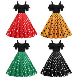 L Womens Hepburn Retro Spaghetti Straps Ruffled Short Sleeves Black Polka Dot Swing Dress