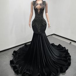 2024 Black Prom Dresses for Black Women Promdress Evening Dresses Elegant Illusion Sheer Neck Rhinestones Beaded Formal Gowns Long Sleeves Birthday Dress AM623