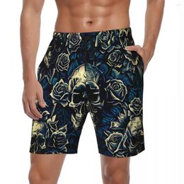 Men's Shorts Swimwear Vintage Rose Floral Gym Summer Skull Print Casual Beach Men Custom DIY Sports Surf Quick Dry Trunks