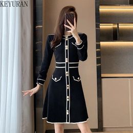 Casual Dresses Spring Autumn Knitted Dress Women Korean Elegant Fashion Slim Single-Breasted A-Line Office Lady Party Knitting Vestidos