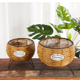 Vases European Style Straw Woven Flower Basket Rattan Pot Handwoven Bamboo Home Living Room Iron Decoration