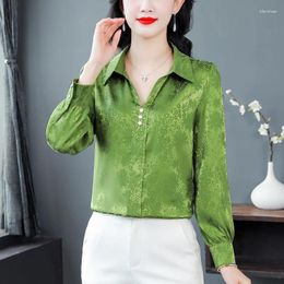 Women's Blouses Minimalist Solid Colour POLO Collar Spring/summer Commuting Korean Version Simulated Silk Long Sleeved Loose Shirt Tops