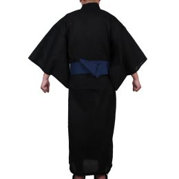 Black Japanese Traditional Samurai Kimono For Men Yukata Bathing Robe Hekoobi Loose Style Sauna Wear Homewear Belt Long Gown
