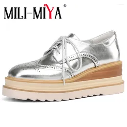 Casual Shoes MILI-MIYA Arrival Metallic Colour Women Full Genuine Leather Sneakers Round Toe Lace Up Solid Color Non-Slip Wedges Handmade