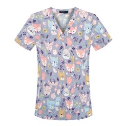 Fox Animal Printing workwear Women Vet Nurse Uniform Short Sleeve Blouse Pet Groming Veterinaria Working Clothes Uniforms