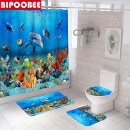 Shower Curtains Blue Ocean Printed Curtain 3D Dolphin Underwater Animal Pattern Toilet Cover Non-slip Carpet Bath Mat Bathroom Decor