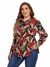 gibsie Plus Size Chain Print Belted Shirts For Women Fi 2023 Spring Autumn Lapel Neck Lg Sleeve Womens Tops And Blouses q934#