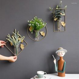 Vases Metal Wall Vase Cylinder Flower Pot Gold Frame For Artificial Glass Mount Home Decor