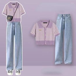 Women's Two Piece Pants Summer Casual Cowboy Suit 2024 Women Sweet And Spicy Style Purple Plaid Knitwear Polo Tops