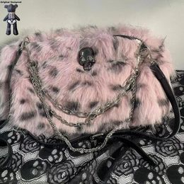 Pink Leopard Handbag Y2K Punk Bags Plush Versatile Daily Crossbody Bag Message Tote Bags 240322