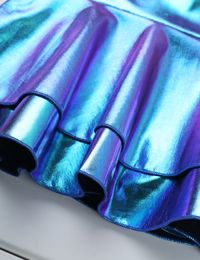 MSemis Womens Holographic Shiny Metallic Double Layered Ruffled Mini Skirt Sexy Skirts Pole Dance Raves Festivals Club Costumes