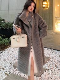 Gmiixder Premium Lamb Bigh Fur Coat Office Lady Thicken Long Jacket 2023 Autumn Winter Hot Sale Warm Padded Grey Faux Fur Coat