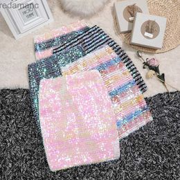 Skirts Skorts Shiny Candy Colours Full Sequined Mini Skirts For Woman Pink Y2k Cute Kawaii Korea Fashion Stripped Knitted Sheath Hipwrap Skirt 240330