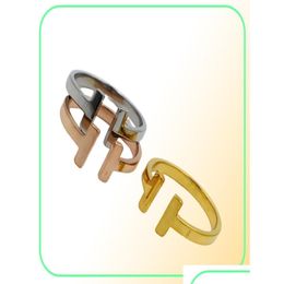 Band Rings 316L Stainless Steel Fashion Double T Ring Jewellery For Woman Man Lover 18K Goldcolor And Rose Bijoux No Have Any Drop Deliv Dhqdq