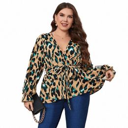 della Mel 3XL 4XL Plus Size Women Elegant Blouse Sexy V-Neck Leopard Print Tunic Shirt Belted Office Fi Top Big Size Blouse r5fK#
