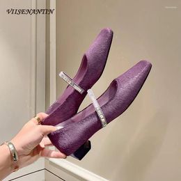 Casual Shoes Luxury Horsehair Square Toe Chunky Heel Mary Jane Women Crystal One Strap Low Ladies Pumps Purple Fairy Single