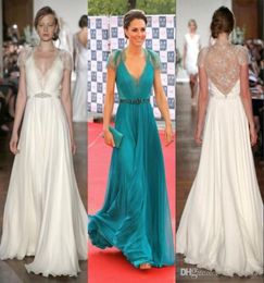 2019 Evening Gowns Lace Chiffon Kate Middleton In Jenny Packham Deep V Neck with Capped Short Sleeves Sheer Back Celebrity Dresses5277783