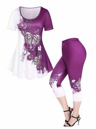 plus Size Ladies Suit Round Neck Summer Leisure Butterfly Print Round-Neck Short-Sleeved T-Shirt Printed Pants Two-Piece Set T9QS#