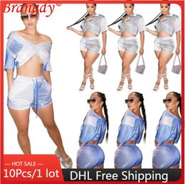 Women's Tracksuits 10pcs Bulk Items Wholesale Short Sleeve Vest 2 Piece Set Outfits For Women Crop Top Straight Leg Shorts Suit Sexy Casual