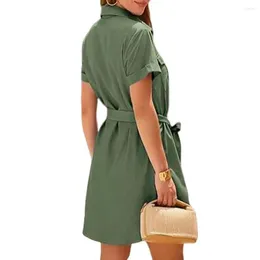 Casual Dresses V-neck Shirt Dress Stylish Women's Button Down With Belted Pocket V Neck Collar Short Sleeves Summer
