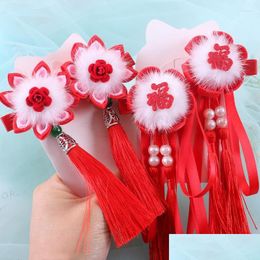 Hair Clips Barrettes 1 Pair Years Hairpin Childrens Bowknot Chinese Red Jewellery Girls Fu /Fairy Drop Delivery Hairjewelry Otolt