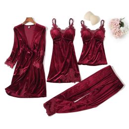 Casual Velour Home Clothing 4pcs Sleep Set Intimate Lingerie Women Pajamas Suit Long Sleeve Lace Velvet Homewear Pyjamas