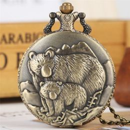 Bronze Polar Bears Display Quartz Fob Pocket Watch Vintage Pendant Necklace Chain Retro Clock Gifts Kids Men Women1954