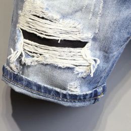 Summer 2022 Light Blue Ripped Cat Whisker Patch Letter Print Slim Denim Shorts Teenagers Jeans Boys and Girls Cowboy Short Pants