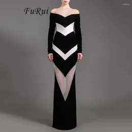 Casual Dresses Fu Rui 2024 Black Long Sleeved Off Shoulder Back Mesh Spliced Bandage Dress For Women's Sexy Celebrity Club Party