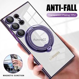 Cell Phone Cases Plating Transparent Case For MagSafe Samsung Galaxy S24 Ultra Sumsung S 24 Plus S24Ultra Ring Stand Camera Protector Cover yq240330