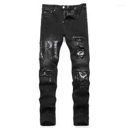 Men's Jeans Black Distressed Letter Embroidered Men Mid Waist Elastic Pencil Denim Pants Streetwear Trousers