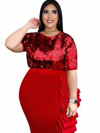 sequins Tops for Women Red O Neck Half Sleeve Ruffles T-Shirts 2023 Summer Fi Lady Chic Evening Party Plus Size Outfits 4XL 94ep#