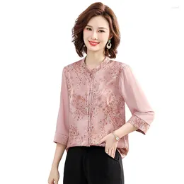 Women's Blouses Middle-aged Blouse Summer Vintage Silk Loose Print Elegant Female Half Sleeve Women Shirts Clothes