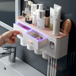 Heads Bathroom Accessories Set Magnetic Adsorption Toothbrush Holder Automatic Toothpaste Dispenser with Cup Wall Mount Storage Rack