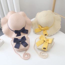 2 szt. Dzieci słomy kapelusz i torba na ramię Girls Summer Outdoor Beach Cap Cute Bow Travel Beach Sun Hat Bag