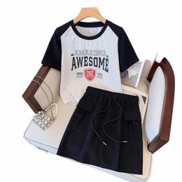 plus Size Women Y2K Suit Letter Print T Shirt Top And Sexy Skirt Two Piece Set Matching Outfit Female Street Casual Clothing U1k0#