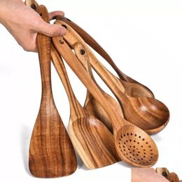 Spoons Teak Wood Tableware Spoon Colander Long Handle Wooden Non-Stick Special Cooking Spata Kitchen Tool Utensils Kitchenware Gift Db Dhkpa