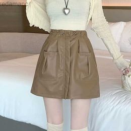 Skirts Skorts High Waist Solid Color Ladies Straight A-line Skirt Spring Autumn Fashion Pocket Mini Dress Drawstring Womens Clothing 2024 240330