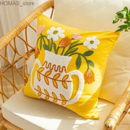 Pillow Elegant yellow case Vase Flower Cushion Cover Sofa case 45x45cm Throw Cotton Decorative cover Y240401