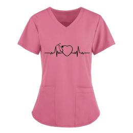 Nurse Uniform Women Short Sleeve Heartbeat Print Working Uniform Pocket Blouse Scrubs Tops Nursing Medical Uniforms Accessories