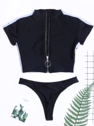 FORERUN Short Sleeve Zipper Bikini Women Patchwork Crop Top and Thong Two Pieces Bikinis Set Sport Swimsuit Banadores Mujer