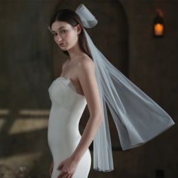 Wedding Bridal Veil Double Layers Short Length Sheer Veils with Cute Bowknot Hair Accessories for Bride Cut Edge