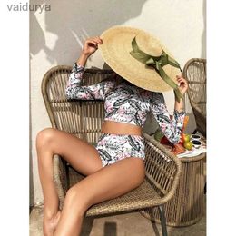 Women's Swimwear Tengweng Women Long Sleeve Swimsuit Two Piece Printed Floral Swimming Suit Bikini Beachwear Surfing Rash Guard 2023 New yq240330