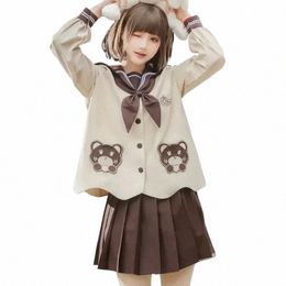 sleeved Summer Female Pleated Uniform 2023 Sailor Cute Tie Girl Lg Kawaii Brown With Short Bear Student Suit g6tx#