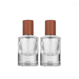 Storage Bottles Glass Spray Atomizer 30ml Empty Round Crimp Perfume Bottle Wood Lid Cosmetic Packaging Clear Thick Bottom Refillable Vials