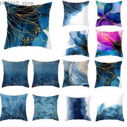 Pillow 45x45cm Light Luxury Blue Abstract Print Throw Cover Sofa Cushion Marble Stripe Home Decor Y240401