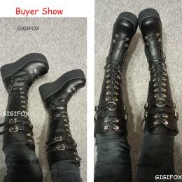 GIGIFOX Platform Gothic Knee High Boots Shoes For Women Zip Cosplay Design Combat Boots Winter Punk Wedges Motorcycle Shoes