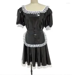 Party Dresses Sweet Cute Classic Fancy Apron Maid Puff Short Sleeve Shiny PVC Leather Costume Outfit Cosplay Sissy Lolita Mini Dress
