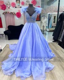 Party Dresses Arrival Sky BlueA-Line Prom 2024 Glitter Beads Crystals Feathers Dubai Evening Gown Vestidos De Fiesta Custom